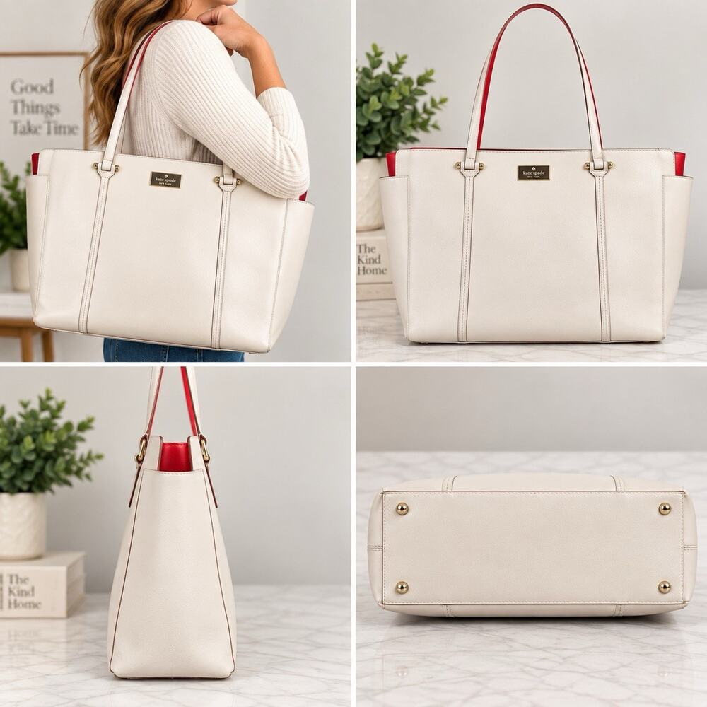 Kate Spade New York Large White Tote Shoulder Bag Red Interior Gold Hardware